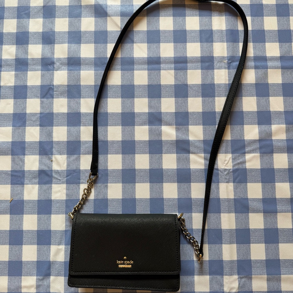 kate spade black leather crossbody with gold logo